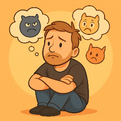Illustration einer nachdenklichen Person mit kleinen Gedanken-Monstern, die Unsicherheit und Alltagsängste darstellen – Symbol für innere Zweifel.
