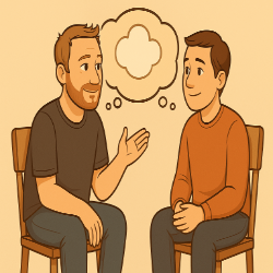 Cartoon-Zeichnung eines Beraters und einer Klientin, die gemeinsam eine Gedankenblase betrachten – beide denken denselben Gedanken. Sie sitzen sich gegenüber in einem ruhigen Raum, die Atmosphäre wirkt offen und vertrauensvoll.