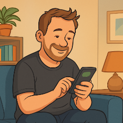 Cartoon-Zeichnung eines Mannes, der entspannt an einem Tisch sitzt und auf einem Laptop chattet, mit einem Lächeln im Gesicht.