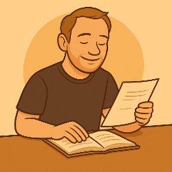 Cartoon-Zeichnung eines Beraters, der entspannt an einem Tisch sitzt und eine Rechnung betrachtet. Vor ihm liegt ein geöffnetes Notizbuch. Die Szene wirkt ruhig und transparent.