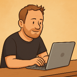 Cartoon-Zeichnung eines Mannes, der ruhig an einem Tisch sitzt und auf einem Laptop schreibt, konzentriert und entspannt.