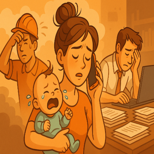 Illustration von verschiedenen gestressten Menschen in Alltagssituationen Mutter mit Kind, Handwerker und Büroangestellter – als Symbol für die Vielschichtigkeit von Stress im modernen Leben.
