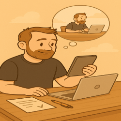 Cartoon-Zeichnung eines Beraters, der an einem Schreibtisch sitzt und ruhig auf einen Bildschirm schaut. Neben ihm liegen Notizen. Die Szene wirkt entspannt und zeigt einen Moment des Nachdenkens und der schriftlichen Begleitung.