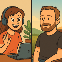 Cartoon-Zeichnung eines Mannes und einer Frau im Video-Call, beide sitzen entspannt an verschiedenen Orten, getrennt durch einen geteilten Bildschirm.